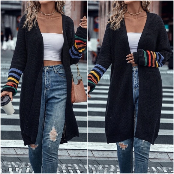 Sweaters - 029 Cozy Striped Sleeve Open Front Long Cardigan
